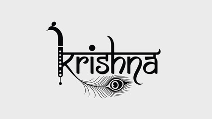 Vector logo design featuring text krishna with integrated bamboo flute and peacock feather. © Newton