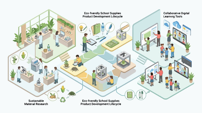 Isometric infographic illustrating the sustainable material research and product development lifecycle of eco-friendly school supplies including collaborative digital learning tools