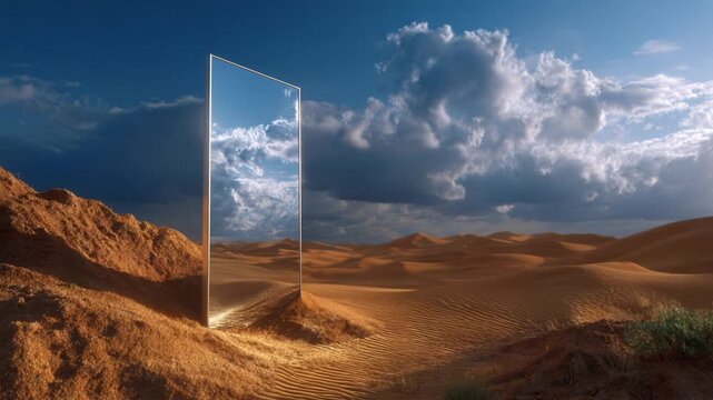 A mystical mirror reflecting clouds and sky in a vast desert landscape, showcasing sandy dunes and an ethereal ambiance that enchants the viewer's imagination.