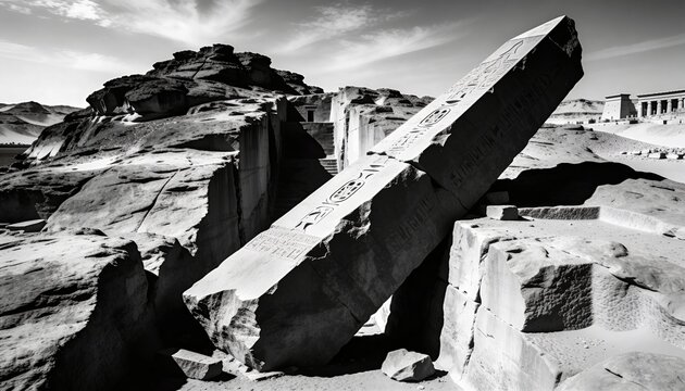 Leaning inscribed obelisk showing glyphs and cartouches across quarried blocks in desert quarry
