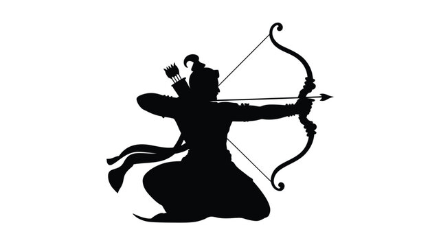 Kneeling archer silhouette with bow and arrow vector illustration of mythological figure.