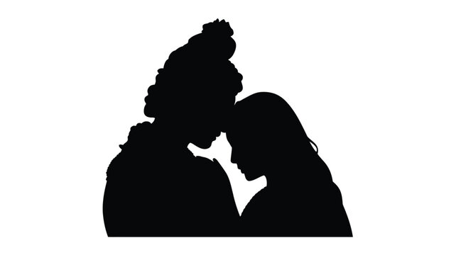 Loving indian couple silhouette leaning heads together vector graphic isolated on white art.