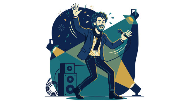 Excited Man Singing on Stage with Spotlight and Confetti