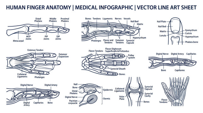 Human Finger Anatomy Medical Infographic Vector Line Art Sheet