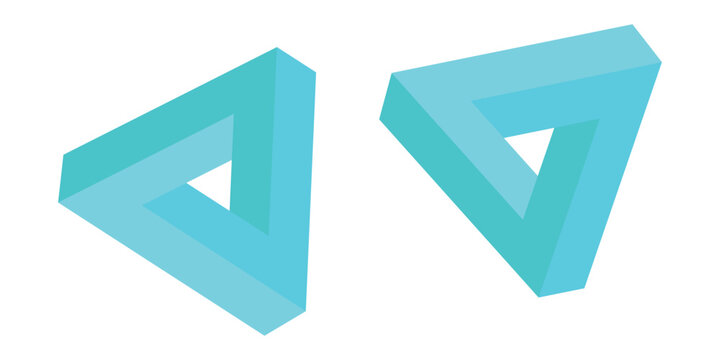 Isometric impossible Penrose triangle on turquoise blue. Confusion, impossibility, imagination and unity of opposites. Flat design. Eps10