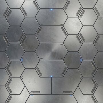 Seamless sci-fi metal hexagonal grid background with brushed texture, subtle scratches, and futuristic glowing blue light accents. Ideal for tech, gaming, or industrial designs.