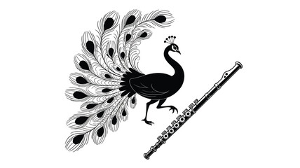 Black peacock with long decorative feathers stands beside a flute on white background. © Newton