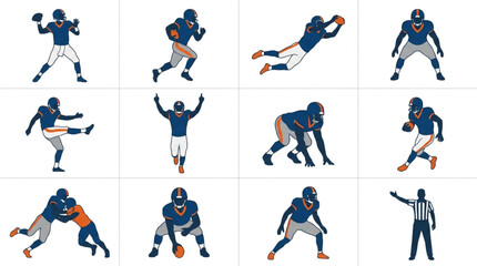 Fototapeta premium AmericanFootballPlayersDynamicActionPosesIllustrations.