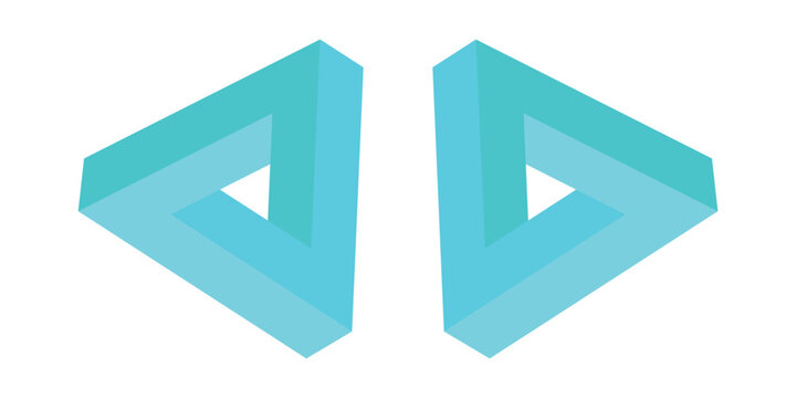 Isometric impossible Penrose triangle on turquoise blue. Confusion, impossibility, imagination and unity of opposites. Flat design. Eps10