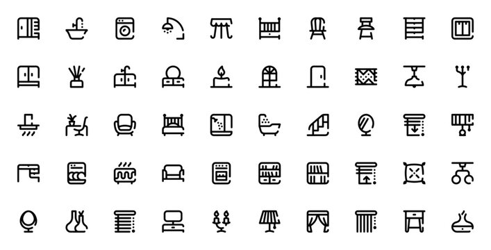 Home Decoration icon set. Minimalist line icons pack. Includes symbols for closet, sink, washing machine, floor lamp, tea table, crib, chair, wardrobe, light switch, diffuser, and more. Editable vecto