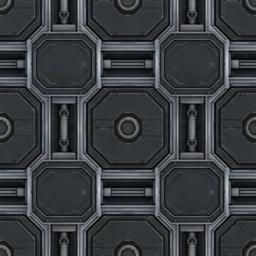 Seamless repeating pattern of dark, futuristic metallic panels with intricate details, perfect for sci-fi, gaming, industrial, or high-tech backgrounds. Generative AI.