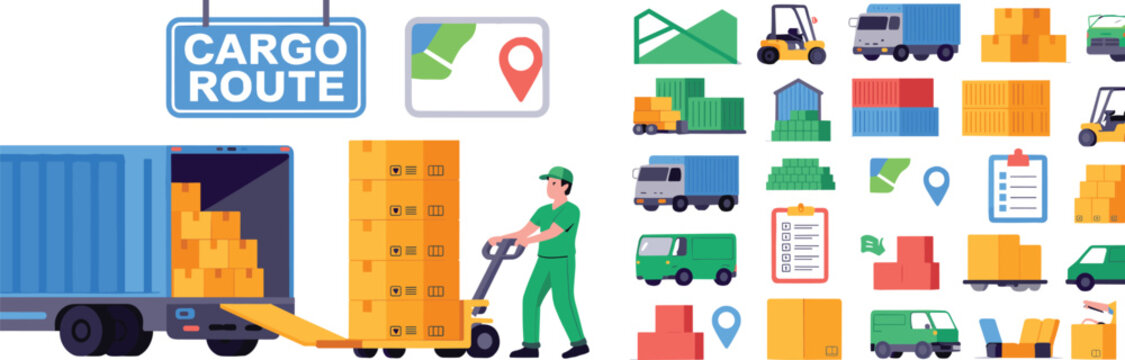 Logistics delivery courier loading boxes into cargo truck with pallet jack and transport icon set vector