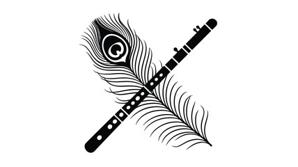 Indian bansuri flute and peacock feather graphic design isolated element for web greeting. © Newton