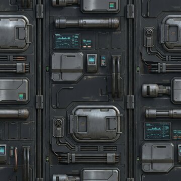 Seamless texture of a dark, futuristic sci-fi wall with intricate metal panels, glowing screens, wires, and industrial details. Perfect for tech, game, and 