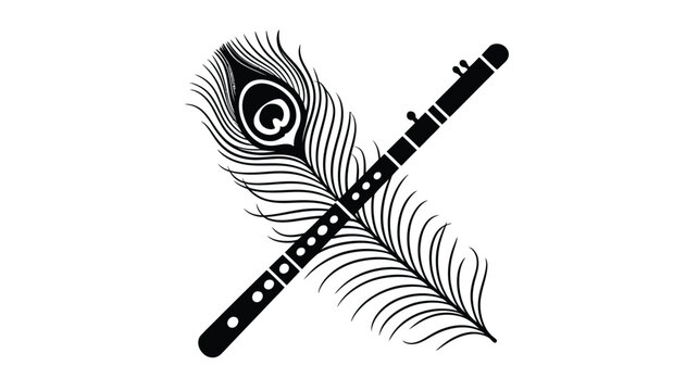 Indian bansuri flute and peacock feather graphic design isolated element for web greeting.