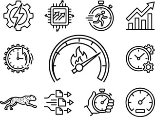 Speed and high performance line icon collection set with processor speedometer cheetah elements vector layout. © Md. Mozammel Hoq