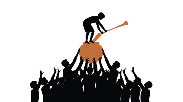 Human pyramid to reach dahi handi. krishna janmashtami festival celebration.