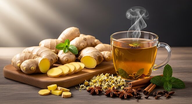 Fresh ginger tea in a glass cup with raw ginger roots and spices on a wooden table. gember