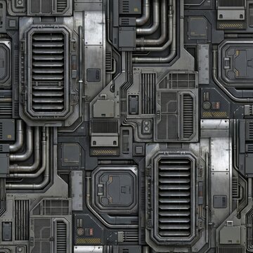 Seamless sci-fi metal panel background. Intricate industrial texture with pipes, vents & mechanical details. Ideal for futuristic, cyberpunk, game, tech themes.