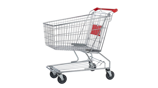 Empty Metal Shopping Cart with Red Handle and Black Wheels, Retail Store Basket for Groceries, Merchandise, Supermarket Essentials, and Convenient Customer Shopping Experience