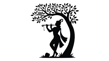 Graceful silhouette of krishna standing under tree playing flute in traditional posture. © Newton