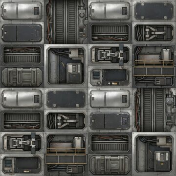 Sci-fi metallic panel texture with industrial greeble details, futuristic modular surface background for spaceship interior and cyberpunk environment design.