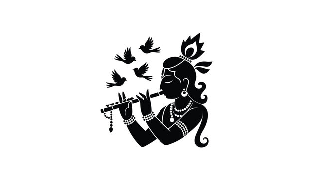 Lord krishna playing flute with flying birds silhouette vector design for creative art.