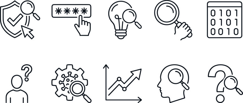Digital security and analytical research line icon set featuring data password and human brain investigation.