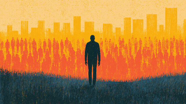 Retro grunge illustration of a lone man walking toward city crowd symbolizing immigration alienation and homesickness