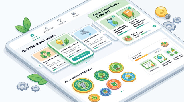 Isometric vector illustration of an educational eco-friendly mobile app interface featuring daily sustainability lessons green school challenges and gamified achievement rewards