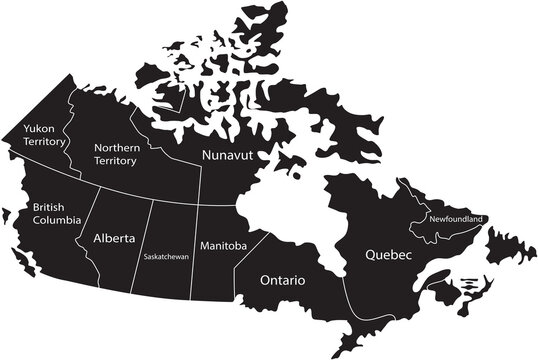 Black silhouette map of canada with province names isolated on transparent background
