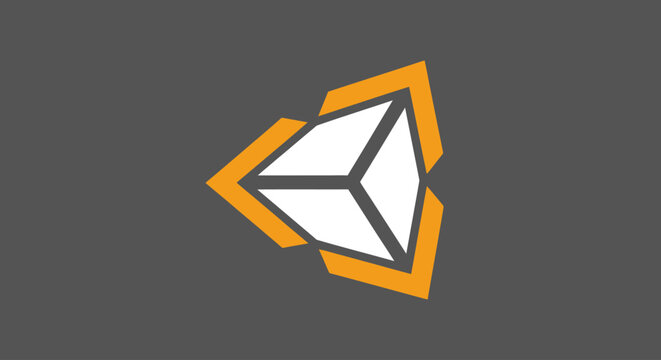 Abstract 3D geometric shape with orange and white elements on grey background