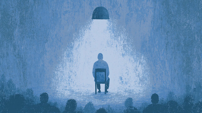 Conceptual grunge illustration of a man sitting on chair under spotlight turning his back to watching crowd in blue tones
