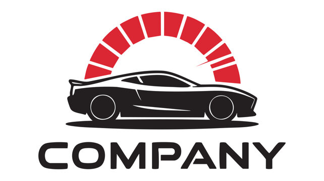 Car Logo with Red Speedburst Behind Black Sports Car and Wordmark Com Pany in Bold Graphic Style Featuring Speed Lines, Speed Burst, Vector Badge