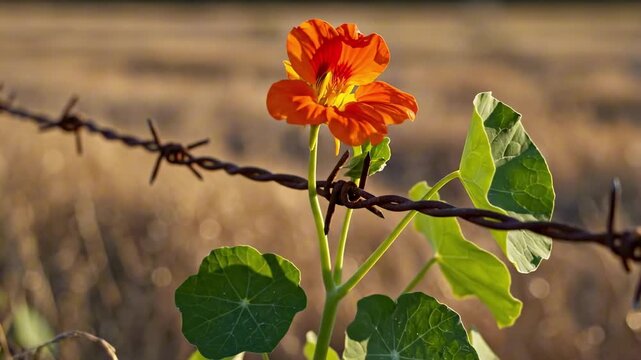 Barbed wire with flower showing an orange nasturtium bloom and round green leaves behind rusty fencing, sunlit rural field bokeh, gentle contrast, freedom, survival, and hopeful nature symbolism