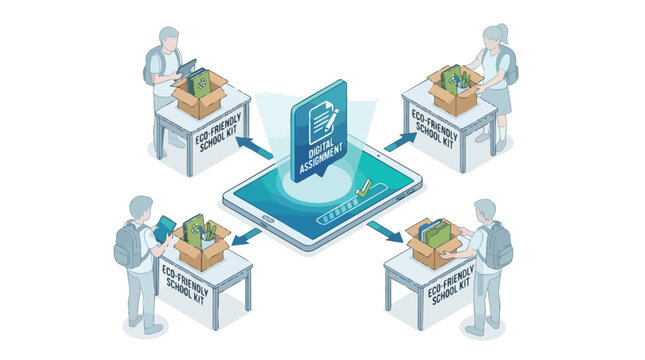 Isometric vector illustration of students using digital tablets for online assignments and receiving eco-friendly school kits for sustainable education and remote learning.