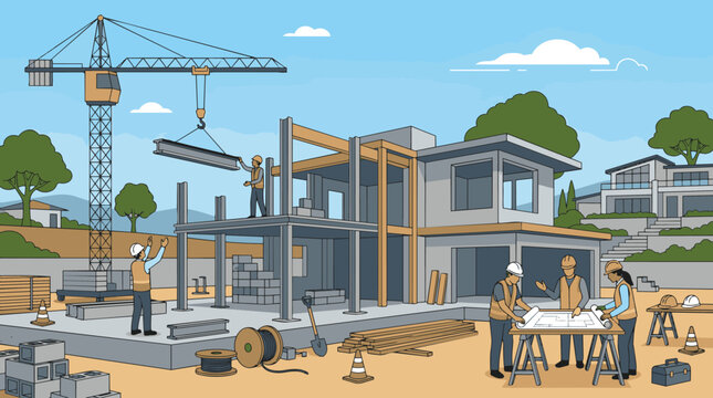 A busy construction site showing a tower crane and a partially built structure with workers and equipment at daylight