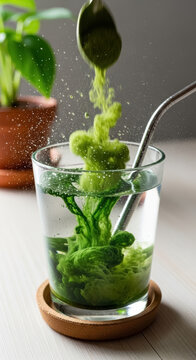 Matcha powder dissolving in a glass of water to create a vibrant and refreshing herbal beverage.