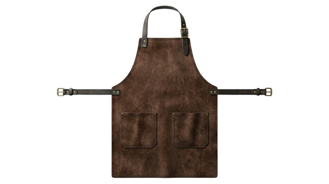 Dark brown leather apron with adjustable straps and tool pockets displayed on a neutral background.