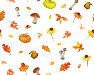 Obraz premium watercolor autumn seamless pattern set with pumpkins and mushrooms