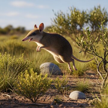 Banded Hare-wallaby jumping in Australian outback at sunset
