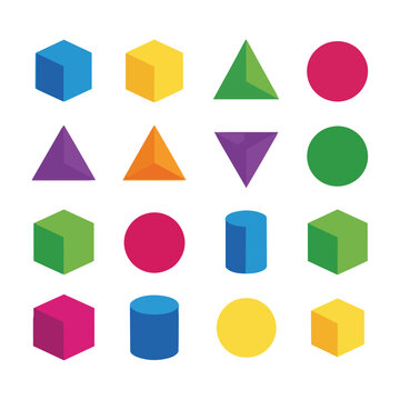 Collection of colorful geometric 3D shapes including cubes spheres and pyramids arranged on a white background modern abstract design concept