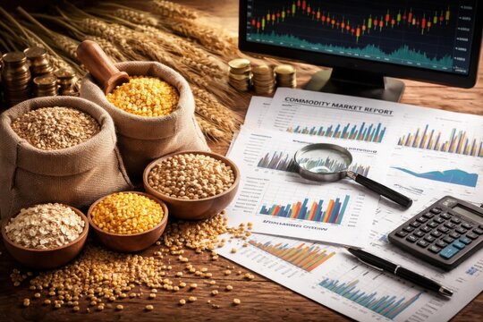Concepto de comercio de materias primas con muestras de granos, informes de mercado y gr&aacute;ficos econ&oacute;micos