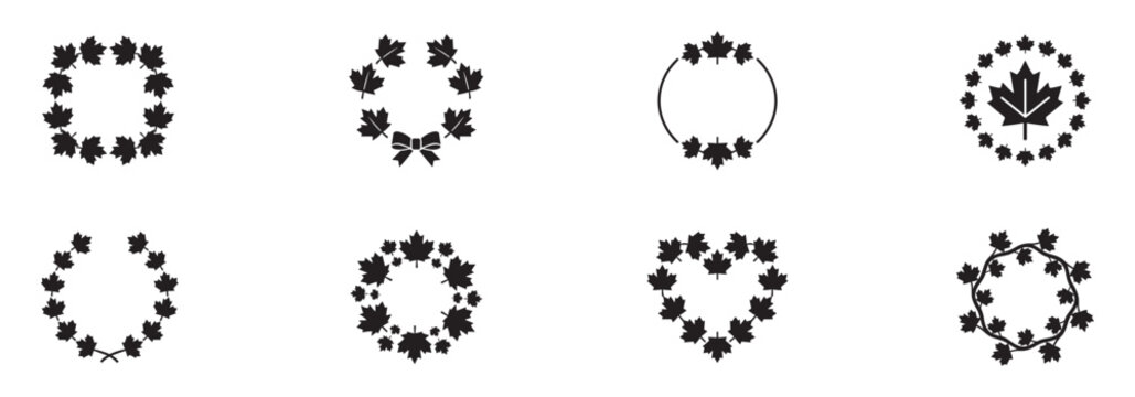 Maple leaf wreath and frame icon set. Canadian foliage circular borders, heart shape and laurel branch decorations. Vector illustration.