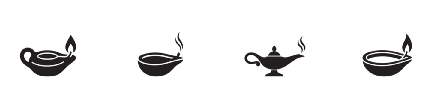 Ancient oil lamp and Aladdin magic lantern icon set. Antique clay burning vessels and mythical wish light symbols. Vector illustration.