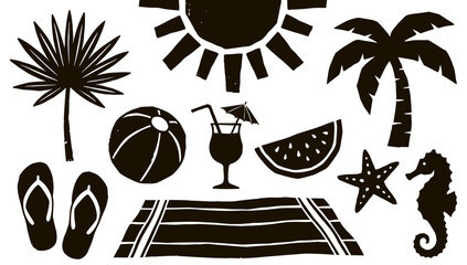 Summer vacation icons and symbols for travel, beach, and holiday themes on a white background © Pronob Kumar Ray