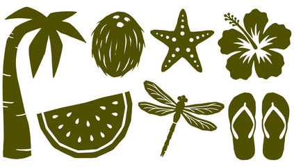 A collection of tropical and summer-themed vector icons including a palm tree, coconut, starfish, hibiscus flower, watermelon, dragonfly, and flip-flops, perfect for beach and vacation designs © Pronob Kumar Ray