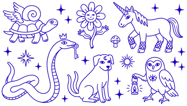 Whimsical Line Art Collection Featuring Mythical Creatures, Animals, and Celestial Elements