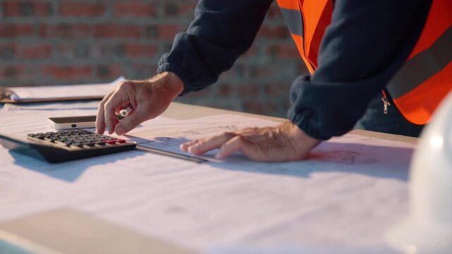 Ruler, hands and calculator at blueprint for planning, calculating measurements and review. Architect, man and floorplan at worksite for writing, project adjustment and accuracy for urban development