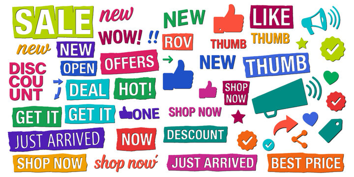 Colorful magazine cutout vector set of commercial sale words and social media icons in ransom note style